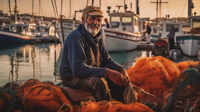 Fisherman untangling his nets in the harbor - Generated by Gener